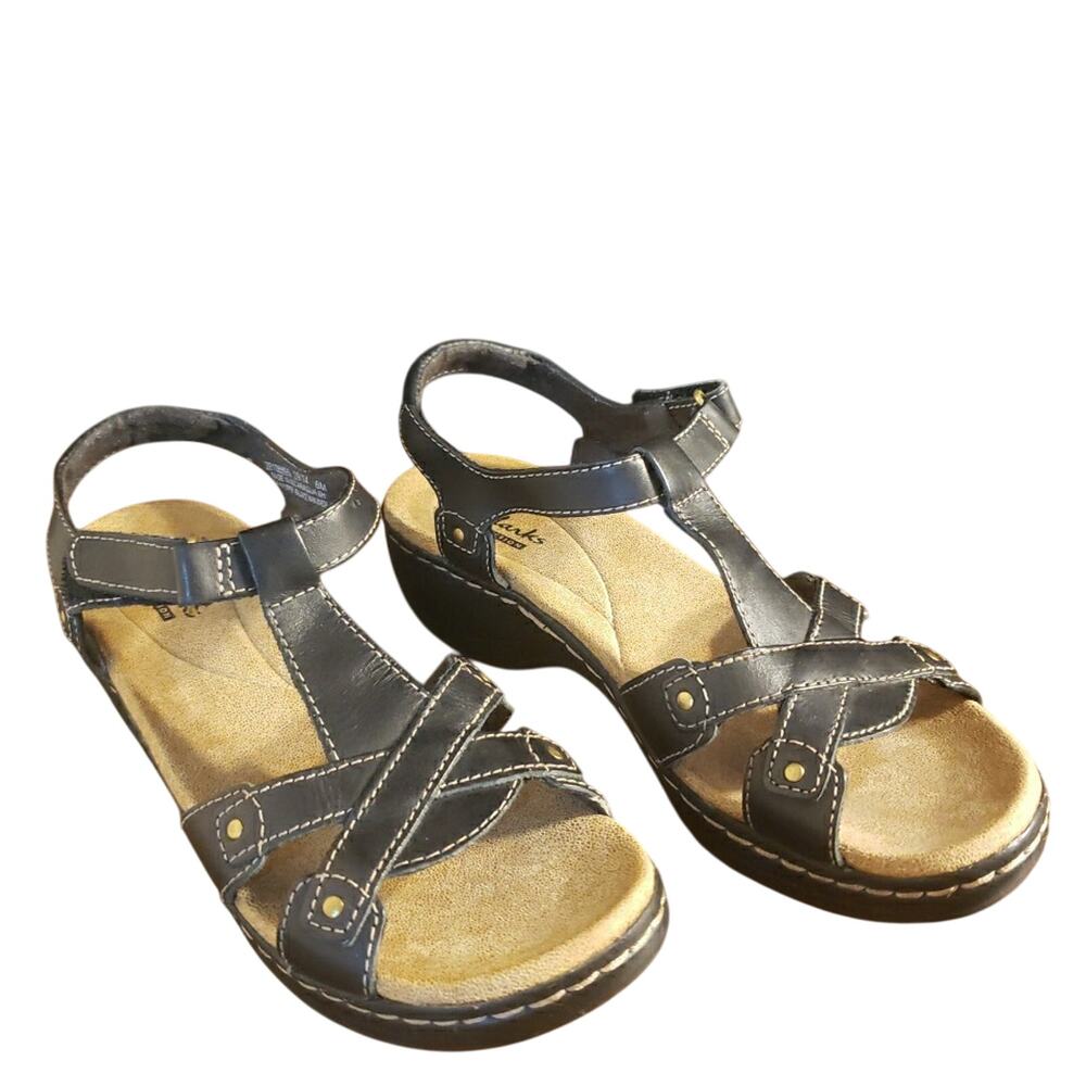 Clarks Collection Hayla Flute Sandals Black Leather Wedges Women's 6